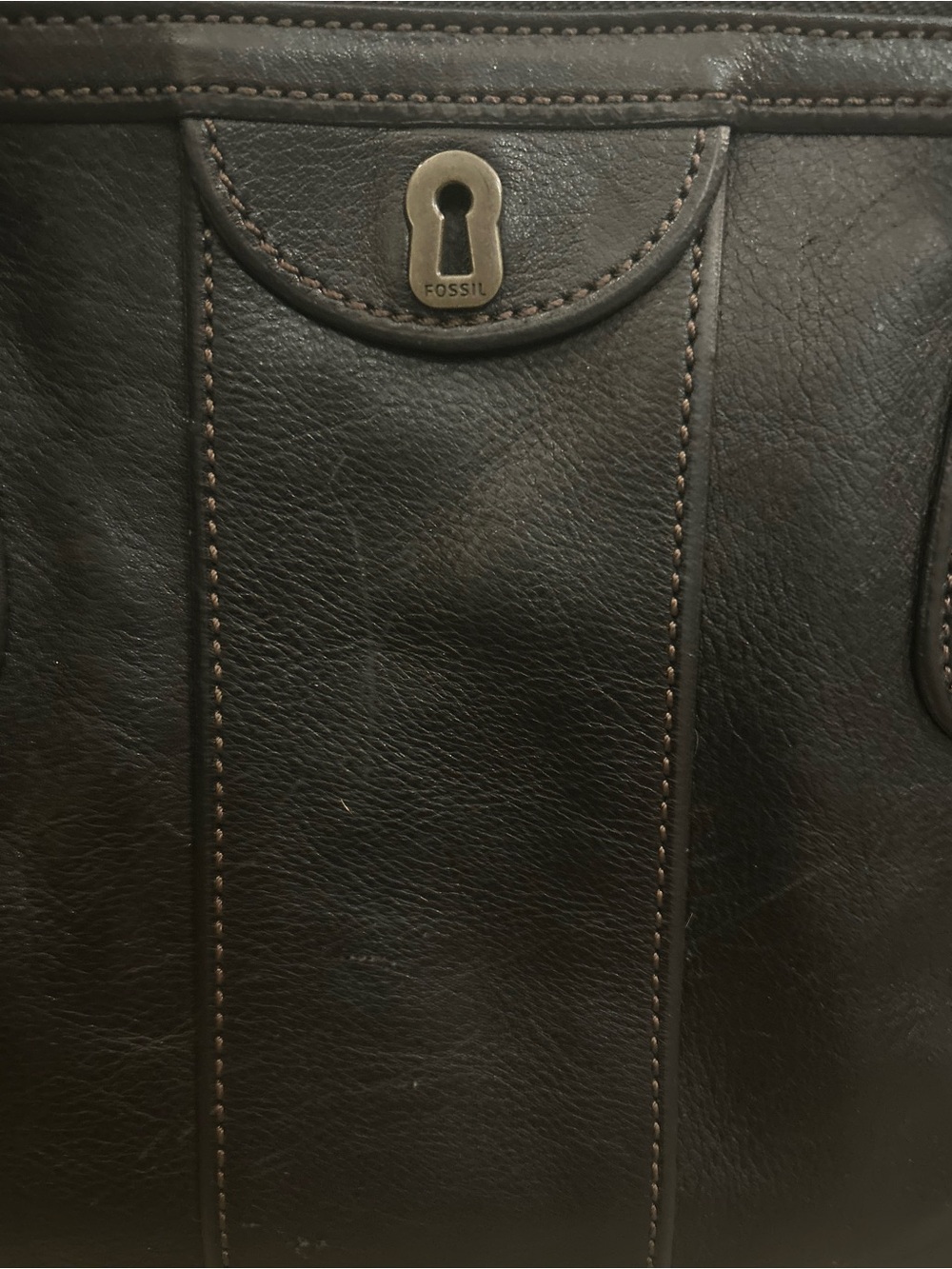 Fossil Dark Brown Leather Satchel Shoulder Bag Key Charm - Picture 3 of 14